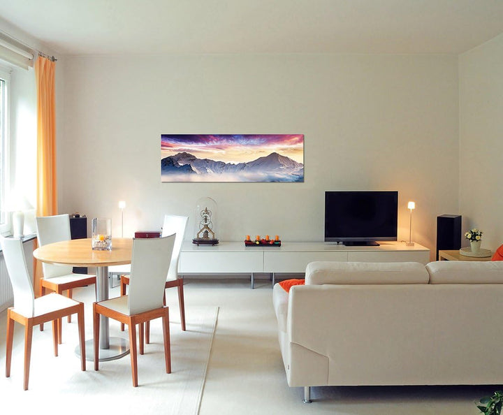 Paul Sinus Art Panoramabild auf Leinwand und Keilrahmen 120x40cm Berge Wald Schnee Nebel Abendrot