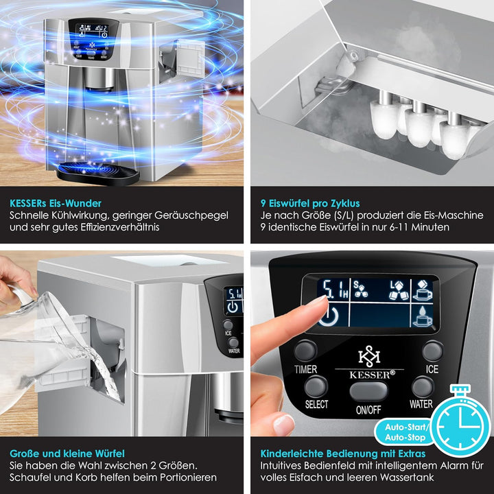 KESSER® Eiswürfelbereiter | Eiswürfelmaschine Edelstahl | 100W Ice Maker | 12 kg 24 h | 2 Würfelgrös
