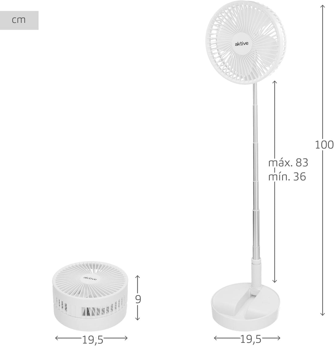 AKTIVE Kabelloser Ventilator, kompakt, faltbar, 19,7 x 19,7 x 19,7 x 97,5 cm, 4 Luftmodi, Dauer 2 –