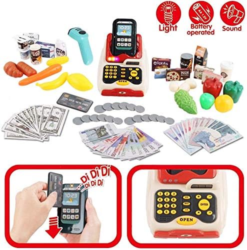 deAO Supermarkt mit Einkaufswagen, Kasse, Kaufladen Zubehör, Kaufladen Kasse mit Scanner und Sound,