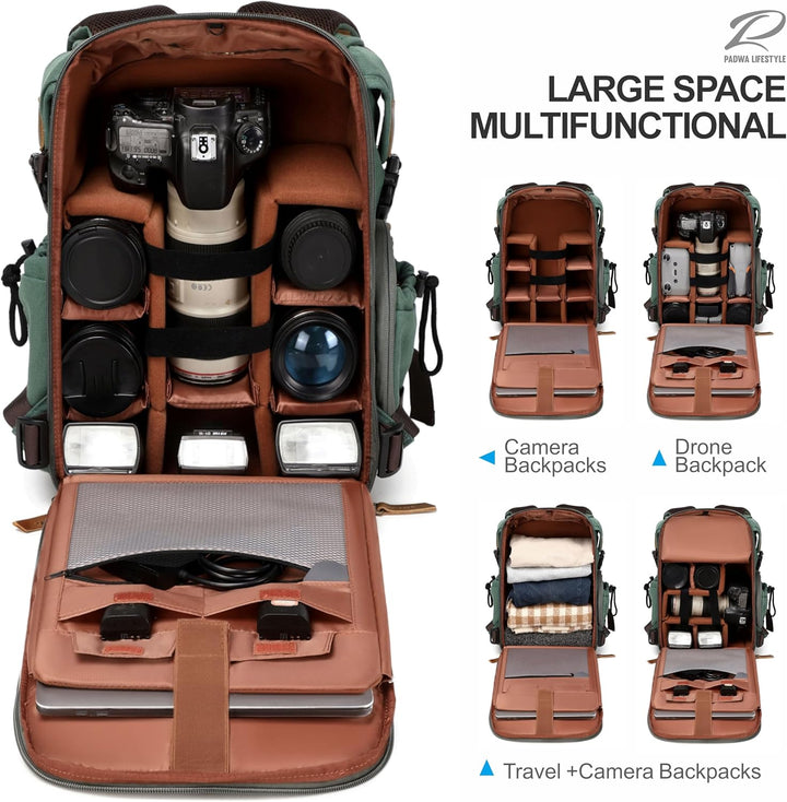 Padwa Lifestyle Kamerarucksack - Gewachstem Memory Canvas Kamerarucksack mit 16“ Laptop-/Objektivfac