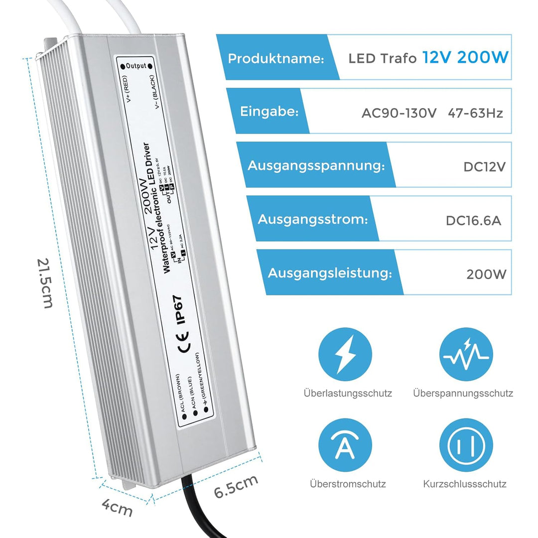 LED Trafo 12V 200W IP67, Outdoor Wasserdicht Transformator mit Stecker, LED Netzteil Treiber 230V au