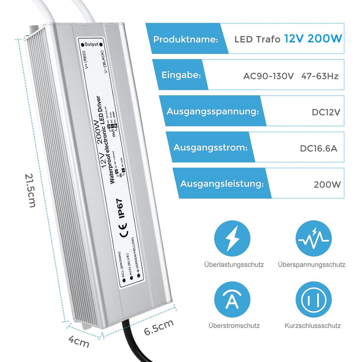 LED Trafo 12V 200W IP67, Outdoor Wasserdicht Transformator mit Stecker, LED Netzteil Treiber 230V au