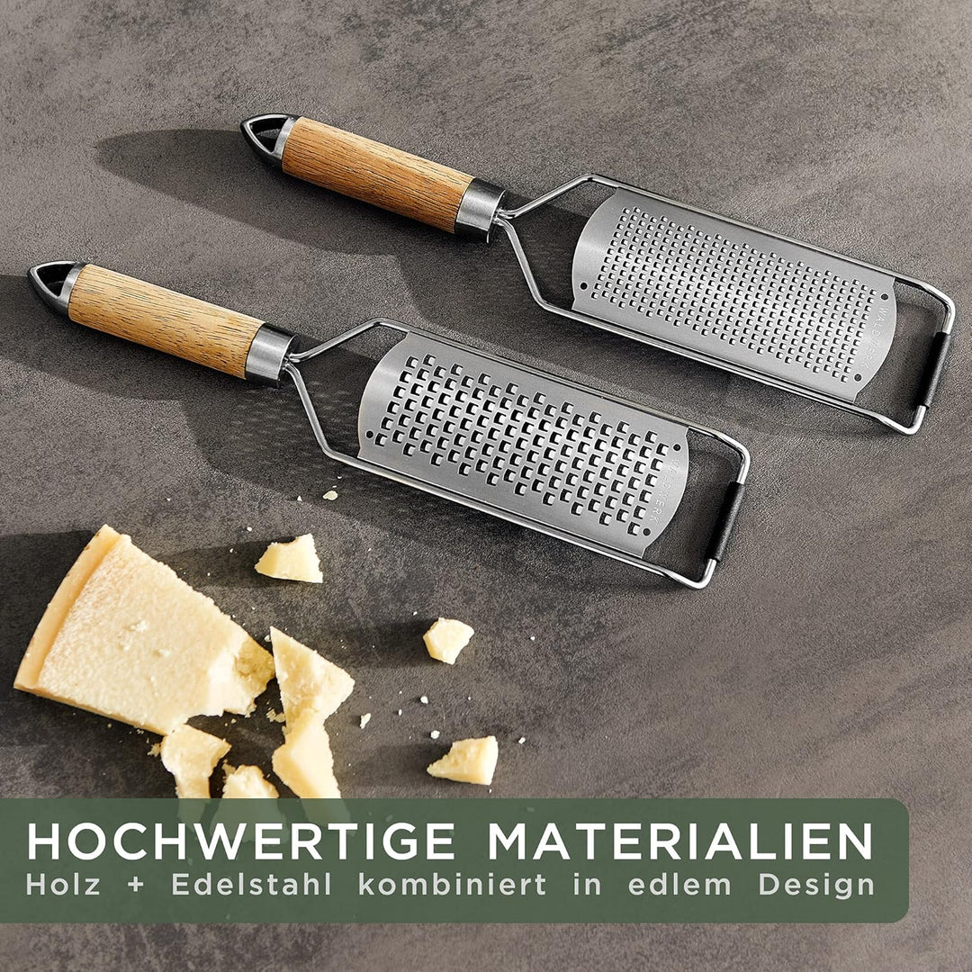 WALDWERK Käsereibe (2er Set) - Parmesanreibe mit Design Holzgriff - Zesterreibe aus Edelstahl mit ge