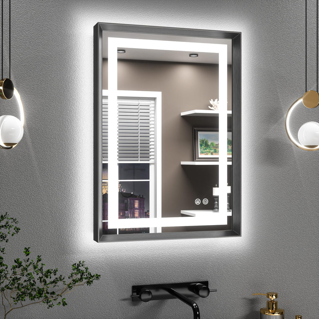 TETOTE Badspiegel mit Beleuchtung Schwarz Metallrahmen 50x70cm, Badezimmerspiegel Beleuchtet Beschla