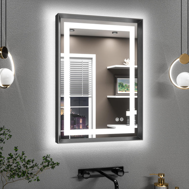 TETOTE Badspiegel mit Beleuchtung Schwarz Metallrahmen 50x70cm, Badezimmerspiegel Beleuchtet Beschla