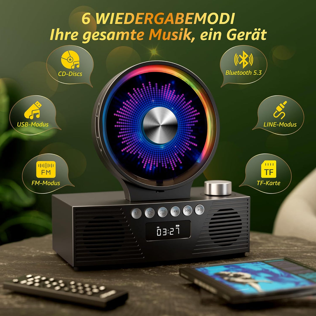 ROADOM CD Player Bluetooth 5.3 mit Dual Lautsprecher, 4000mAh Tragbar Wiederaufladbar, 6-in-1 Wieder