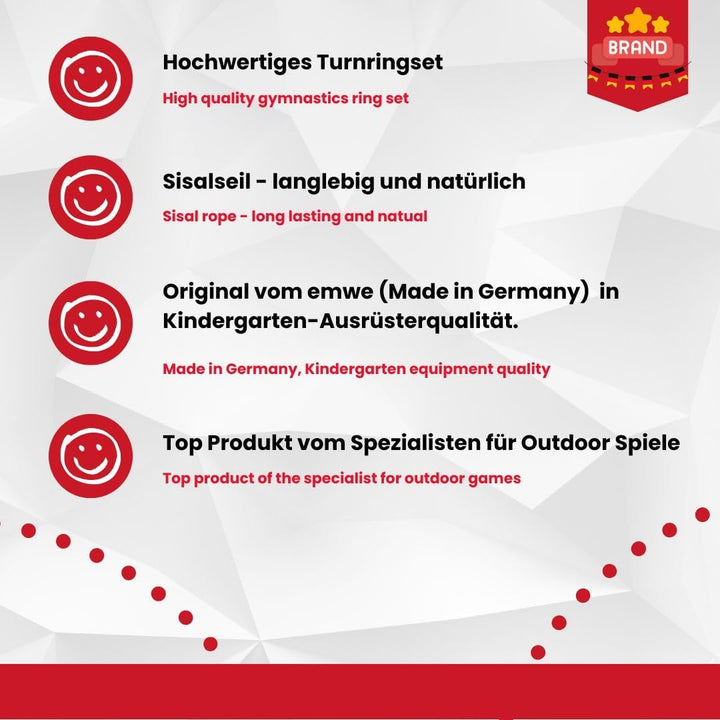 Turnringe Set für Kinder Schaukelringe Seillänge ca. 130 cm verstellbar Traglast 50 Kg. Qualität von