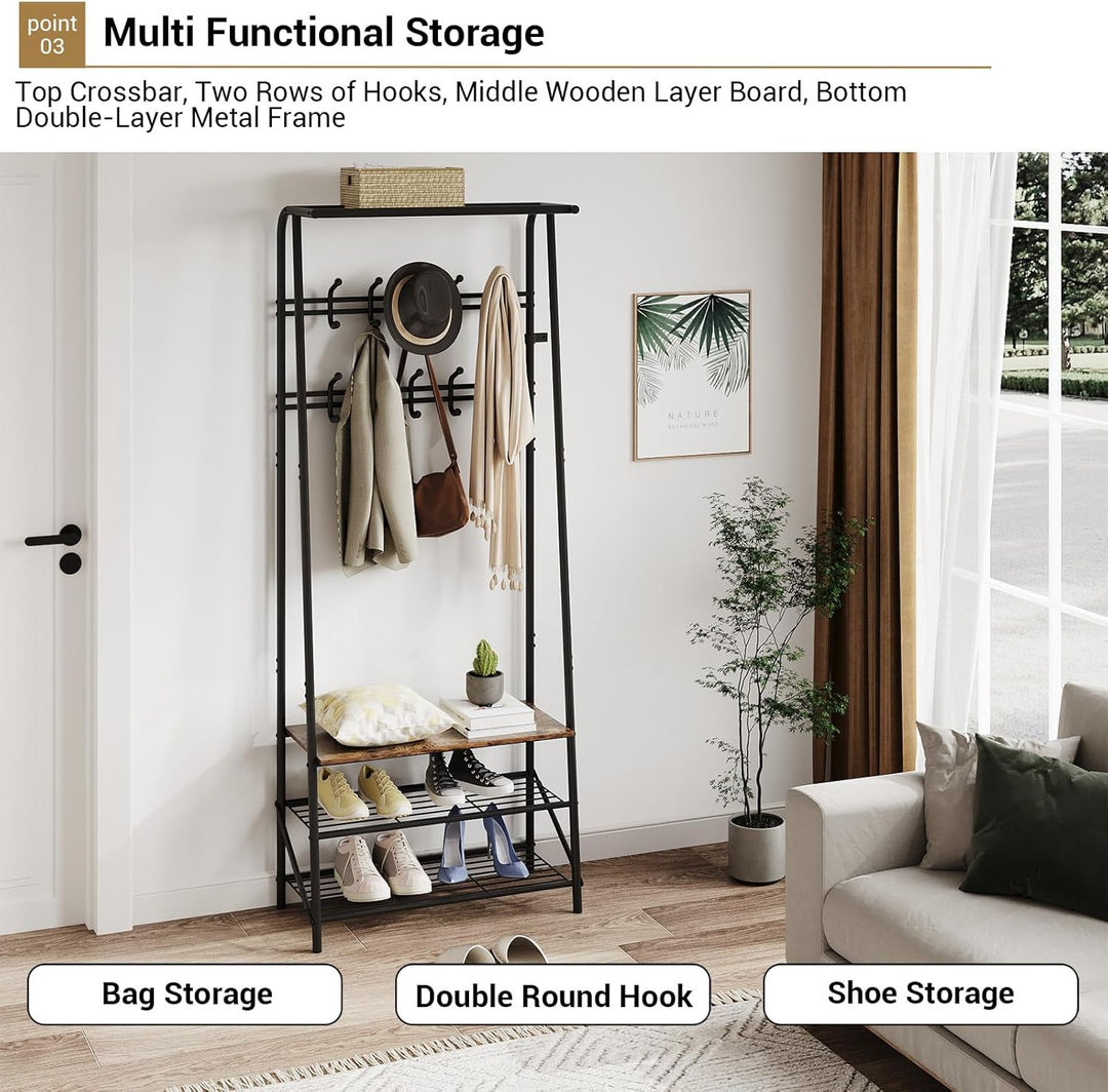 GarveeHome Garderobenständer, 4-in-1 Kleiderständer mit Schuhablagen und 10 Abnehmbare Haken, 64x29x