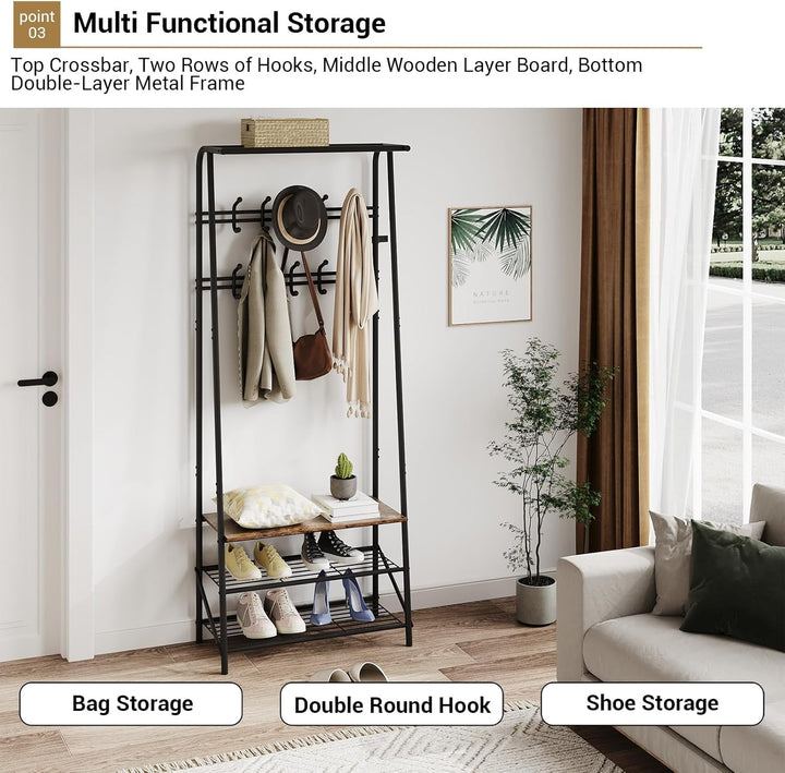 GarveeHome Garderobenständer, 4-in-1 Kleiderständer mit Schuhablagen und 10 Abnehmbare Haken, 64x29x