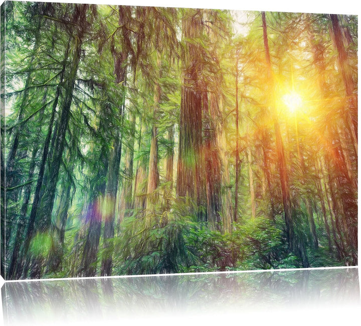Pixxprint Wald bei Sonnenlicht als Leinwandbild | Grösse: 100x70 cm | Wandbild | Kunstdruck | fertig