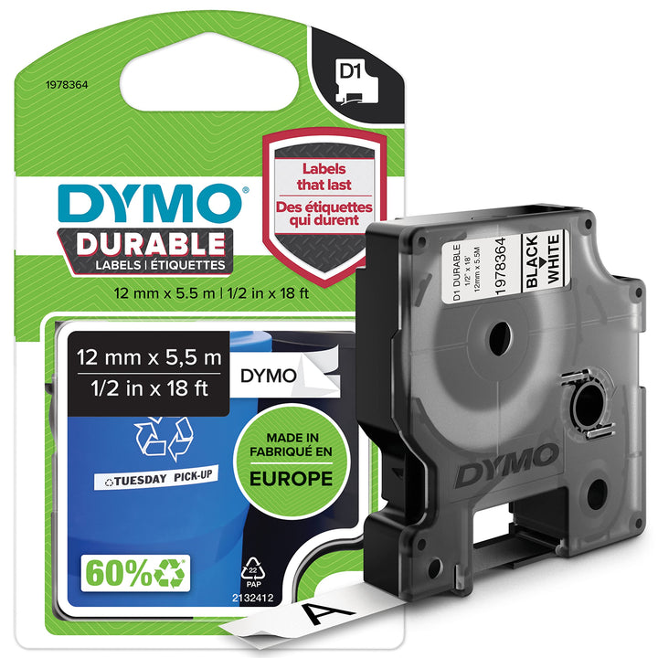 DYMO Original D1 Hochleistungs-Etikettenband | schwarz auf weiss | 12 mm x 5,5 m | permanent haftend