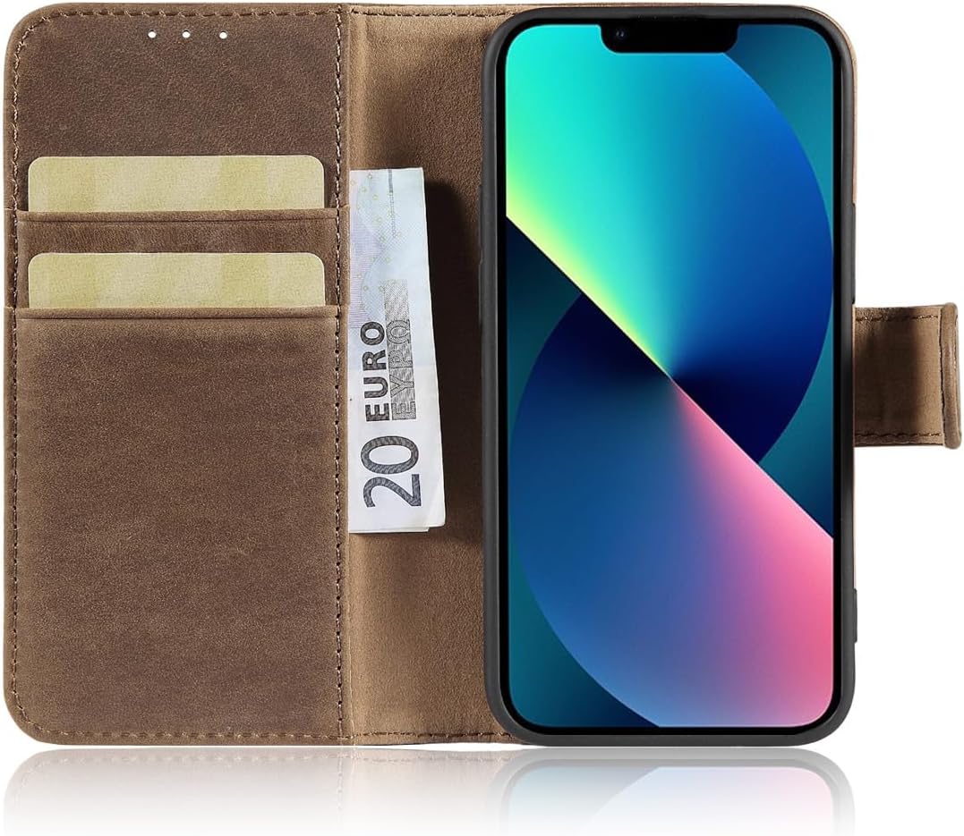 LENSUN Echtleder Hülle für iPhone 13 Mini, Handyhülle [Echtes Leder][Stand-Funktion][RFID Schutz] Ha