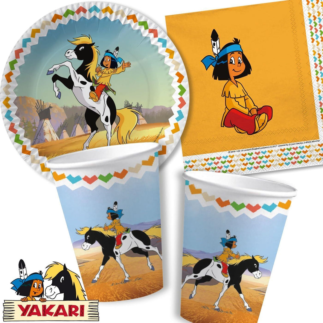 37-tlg. Partyset * YAKARI * mit Teller + Becher + Servietten + Deko | Indianer Sioux Junge Kindergeb