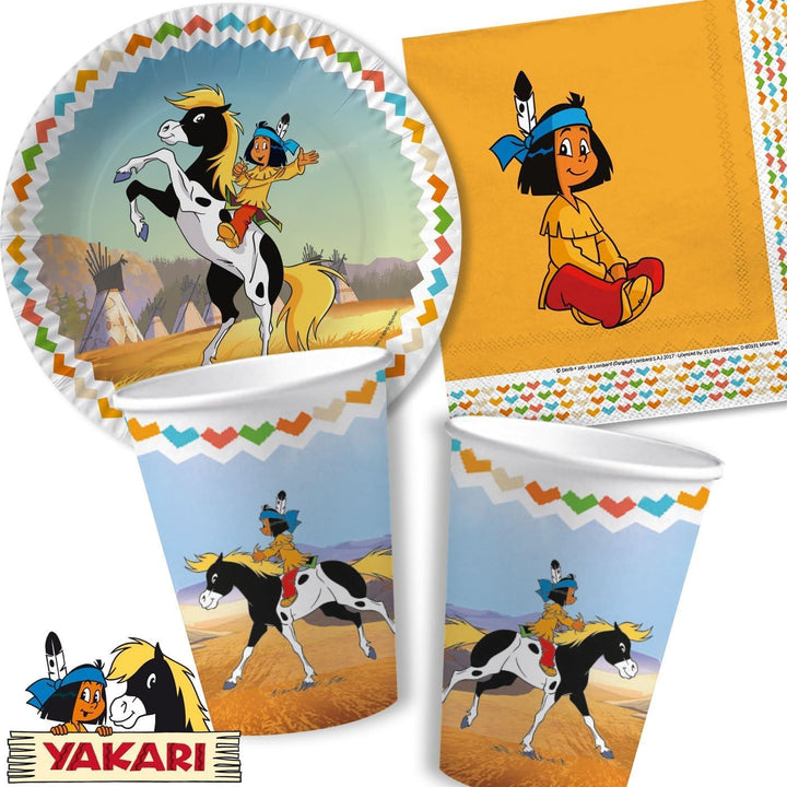 37-tlg. Partyset * YAKARI * mit Teller + Becher + Servietten + Deko | Indianer Sioux Junge Kindergeb