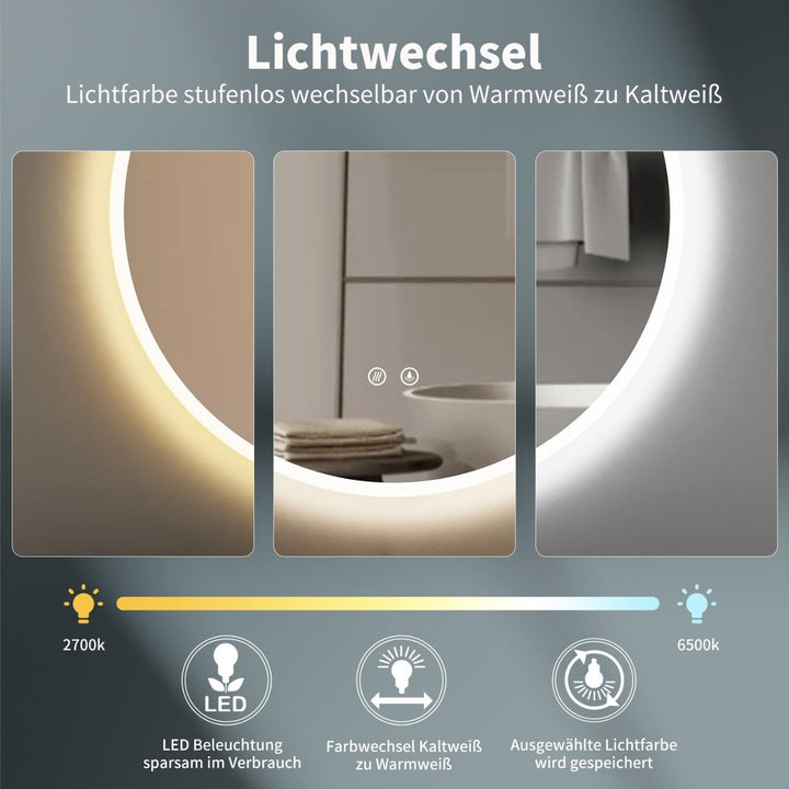 HOKO® Runder LED Bad Spiegel 80cm, mit ANTIBESCHLAG SPIEGELHEIZUNG, LED beleuchtet Badezimmerspiegel