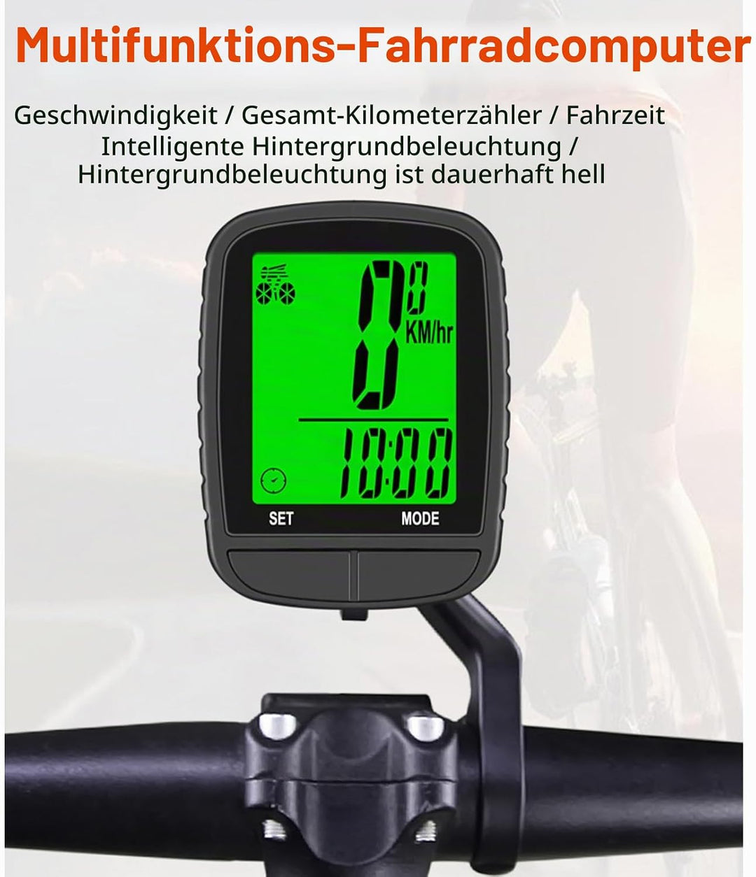 Fahrradcomputer Kabellos, 24 Funktionen Fahrradtacho Auto Schlaf Aufwachen Hintergrundbeleuchtung Re