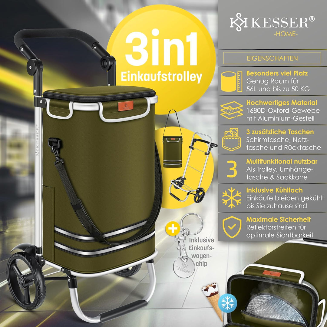KESSER® Einkaufstrolley klappbar mit 56L Kapazität und belastbar bis 50kg | 3in1 Trolley Sackkarre &