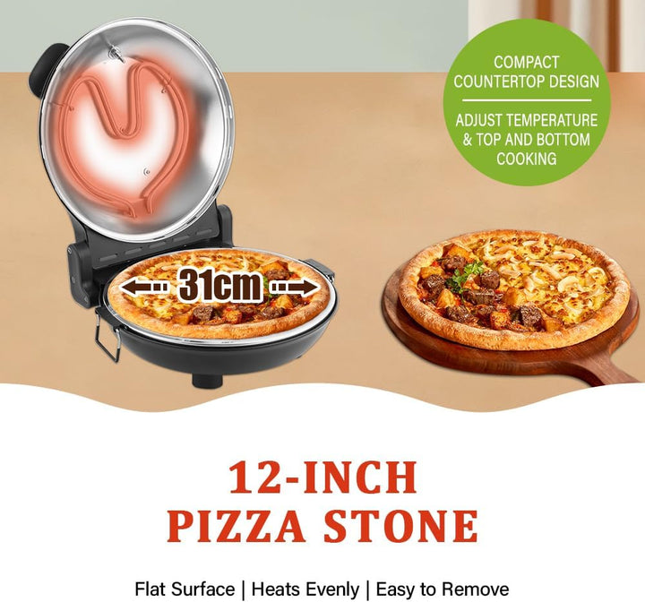 Pizzaofen Elektrisch,Pizzaofen für Zuhause mit 31cm Steinplatte, bis 420°C mit Pfanneneinsatz, 2x Pi