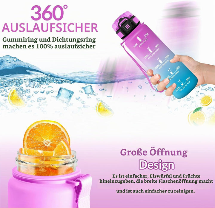 HoneyHolly Trinkflasche 1L mit Strohhalm, Trinkflasche Kohlensäure Geeignet, Wasserflasche Sport mit