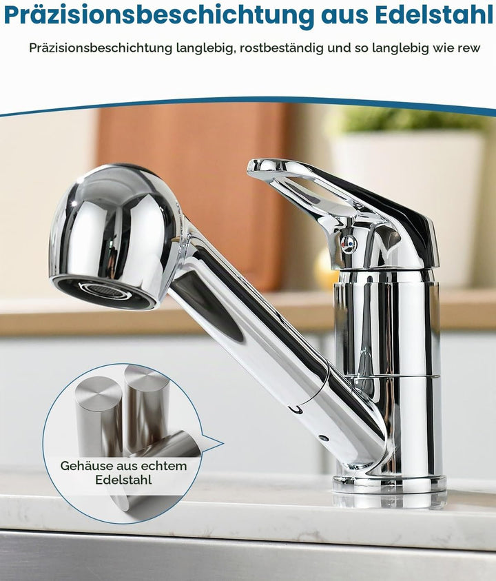 APPASO Wasserhahn Küche, Hochdruck Küchenarmatur Ausziehbar, Mischbatterie für Küche 360° Drehbar, S