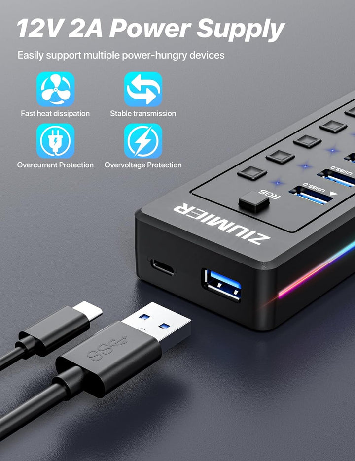 Powered USB Hub, 10-Port USB 3.0 Hub mit RGB LED Strip -5Gbps Datenübertragung, individuelle LED On/