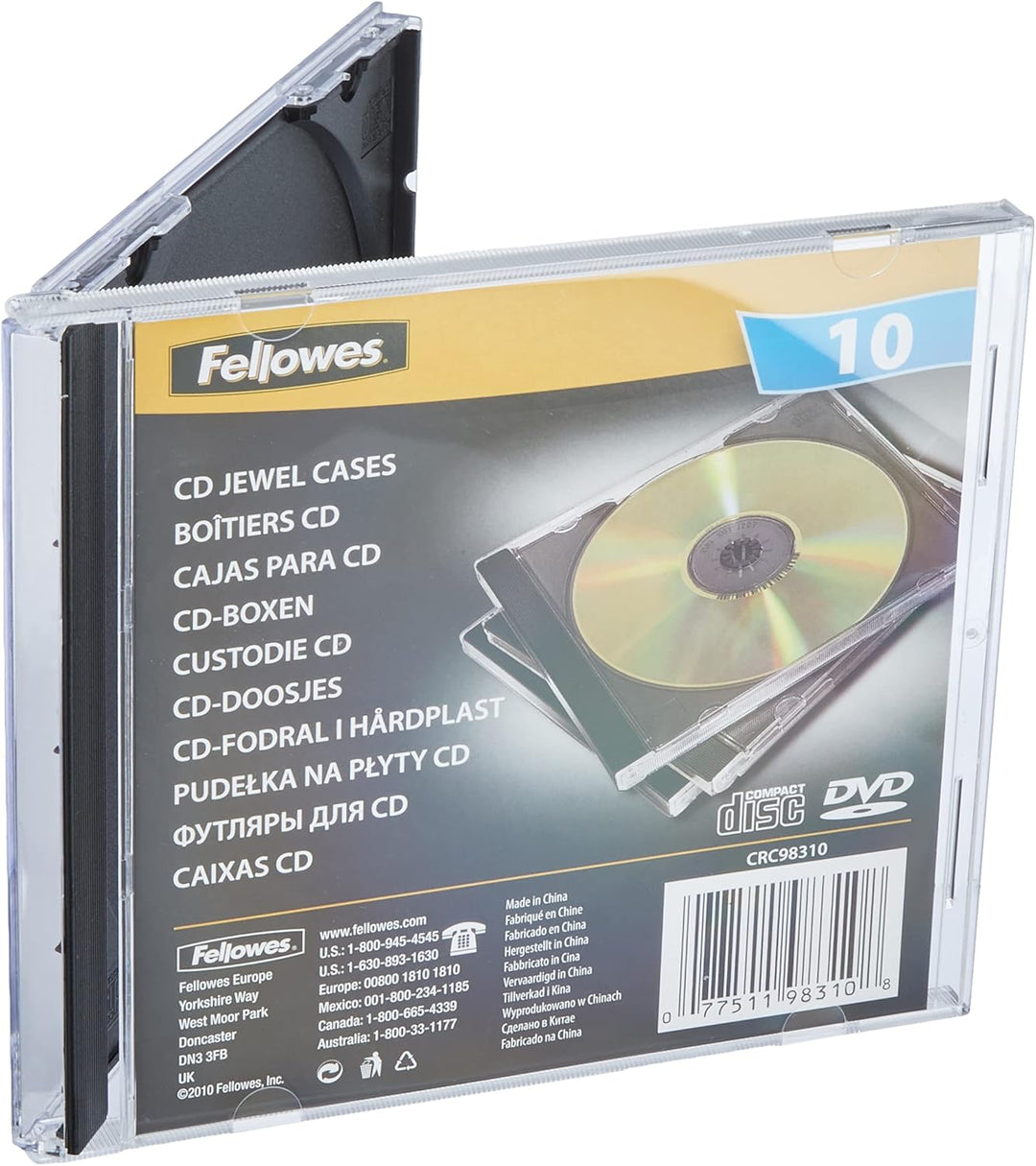 Fellowes CD Hüllen Standard, schwarze Rückseite mit transparentem Deckel, Jewel Case für CDs/DVDs, P