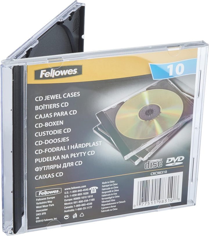 Fellowes CD Hüllen Standard, schwarze Rückseite mit transparentem Deckel, Jewel Case für CDs/DVDs, P