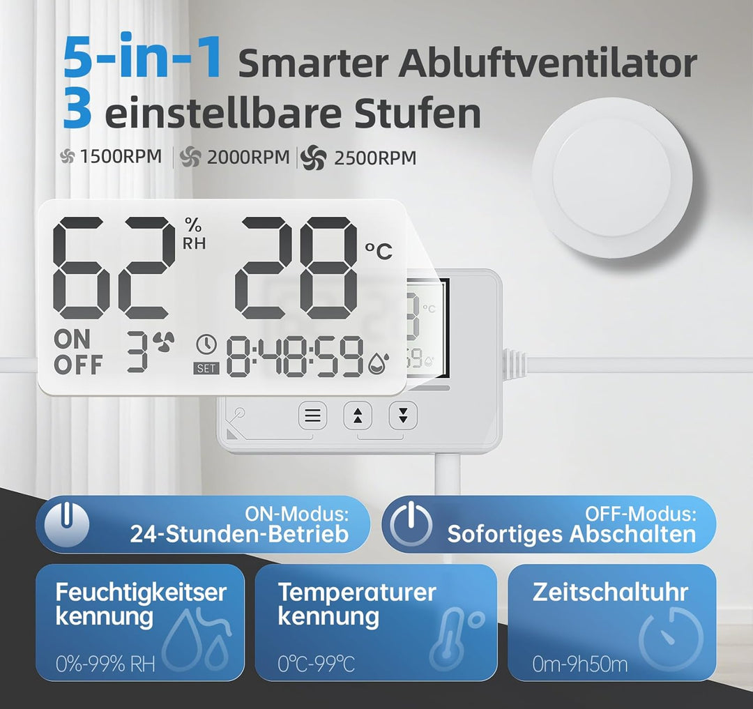 Badlüfter mit Feuchtigkeitssensor Temperatursensor Timer - 3 Stufen Bad Lüfter 100mm mit Fernbedienu