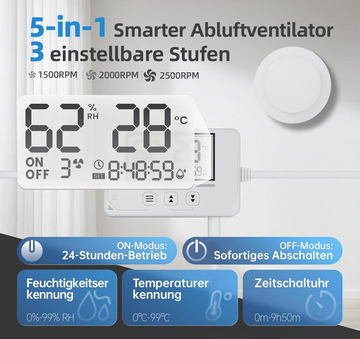 Badlüfter mit Feuchtigkeitssensor Temperatursensor Timer - 3 Stufen Bad Lüfter 100mm mit Fernbedienu