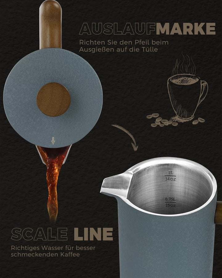 Poliviar French Press Kaffeebereiter 1 Liter/8 Tassen- Doppelwandige Isolierte Kaffeekanne und Teebe