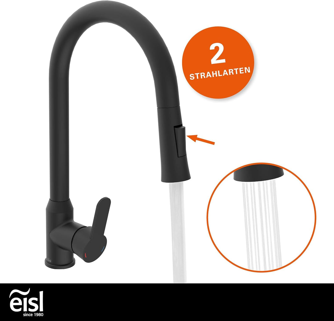 EISL Adria Wasserhahn Küche schwarz ausziehbar, Spültischarmatur schwarz 360°, Küchenarmatur mit hoh