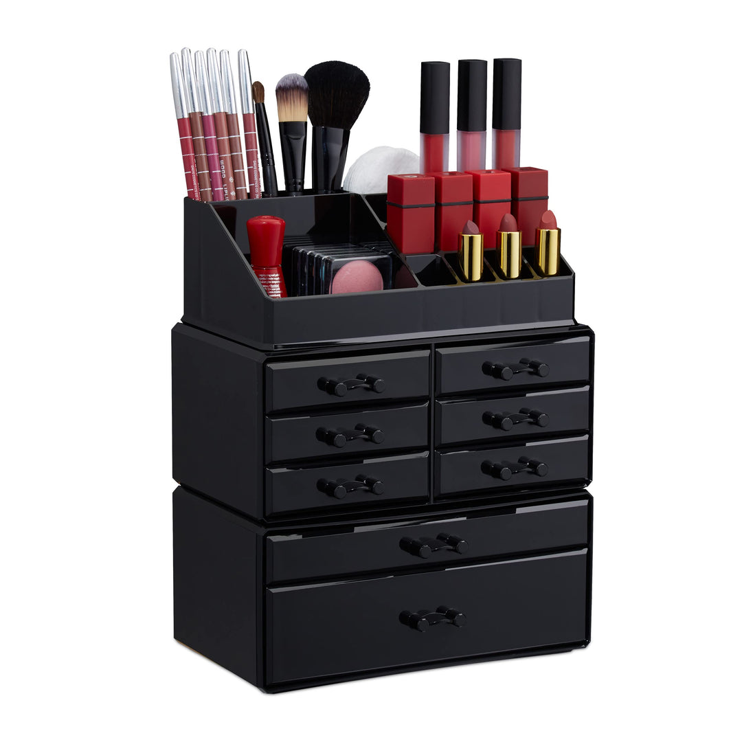 Relaxdays Make Up Organizer mit Schubladen, stapelbarer Schmuckkasten für Make Up, Acryl Schminkaufb