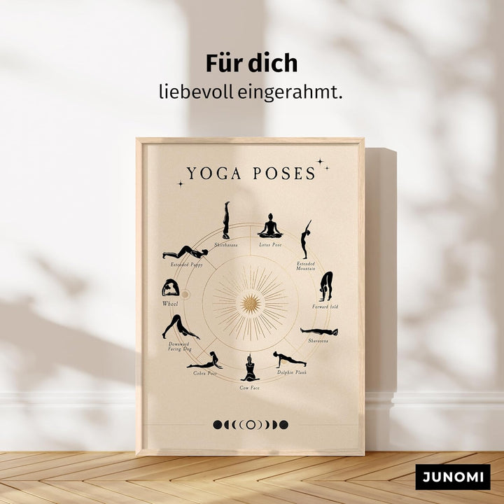 JUNOMI® Yoga Poster DIN A2 | Yoga Zubehör für Studio & Zuhause, Boho Wanddeko, Meditation | mit Rahm