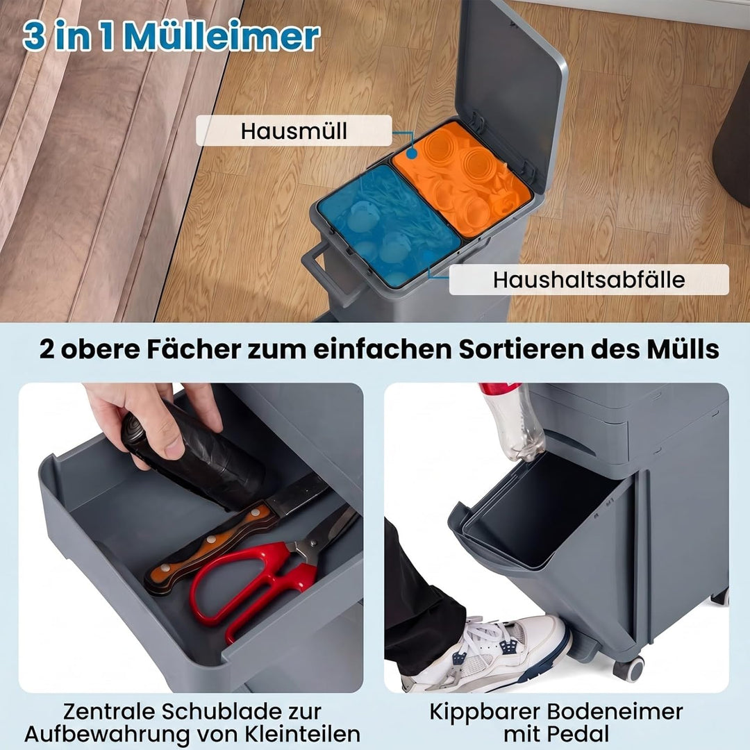 COSTWAY Mülleimer 3 Fächer, 32L Abfalleimer mit neigbarem Behälter, Schublade & Aufkleber, Tretmülle
