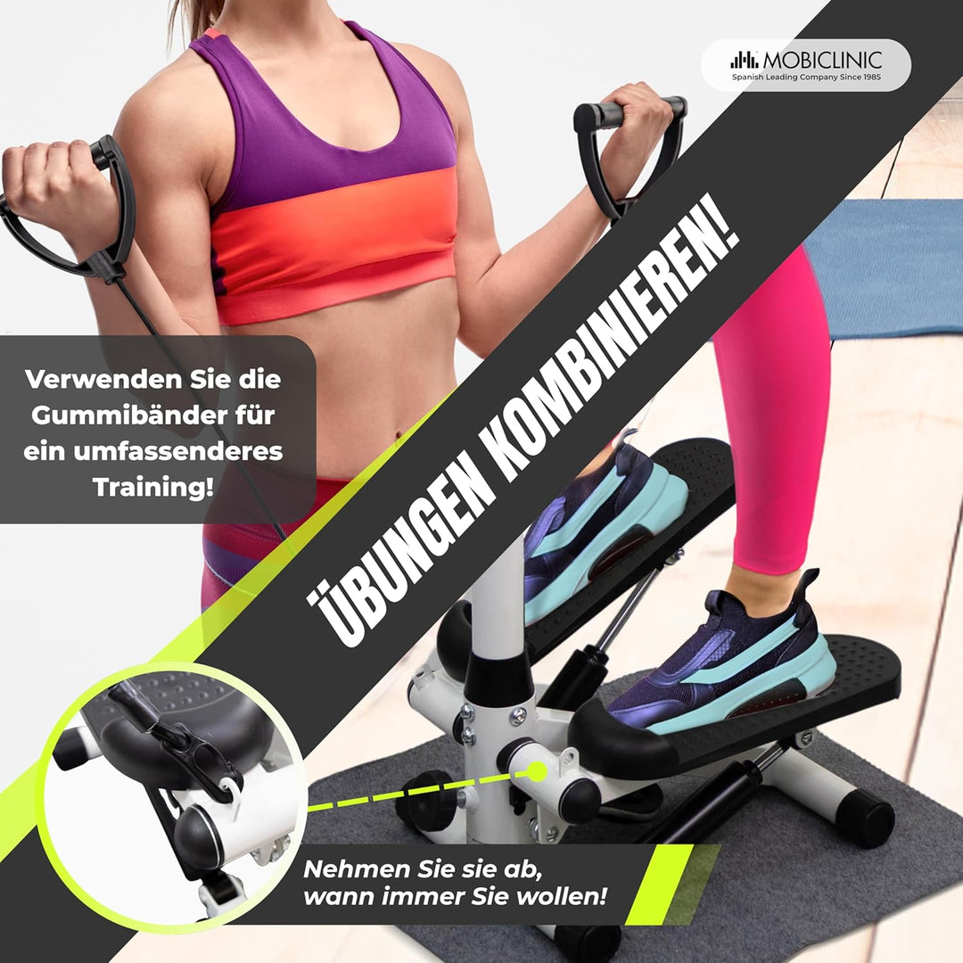 Mobiclinic®, Stepper mit Lenker, Höhenverstellbar, LCD-Monitor, Einstellbare Intensität, rutschfeste