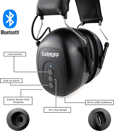 EARMUFF Gehörschutz mit Bluetooth & AUX in schwarz 31dB Dämmung | Musik vom Handy hören | Gehörschut