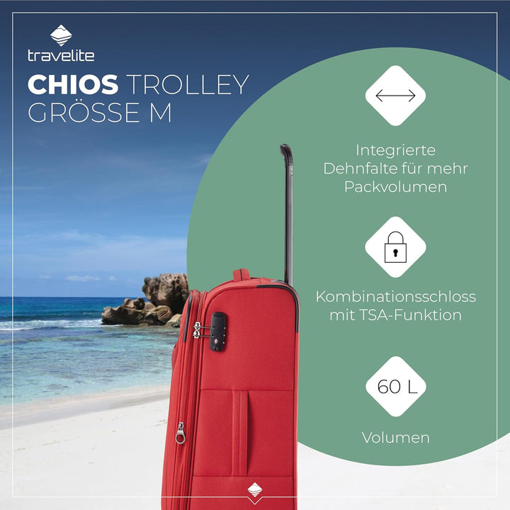 travelite 4-Rad Koffer Grösse M Weichschale, Gepäck Serie CHIOS mit Dehnfalte + Kantenschutz, Trolle