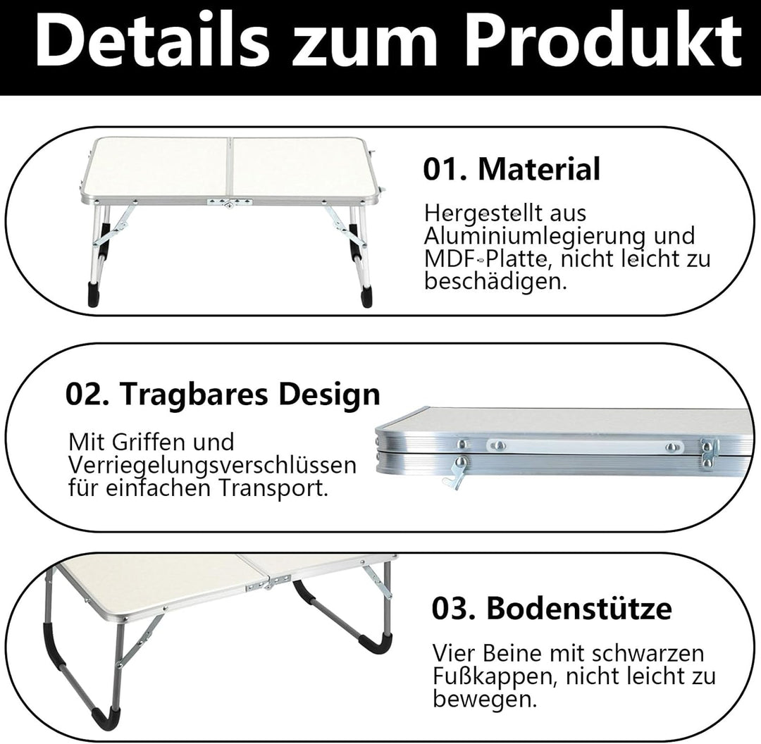Kleiner Klapptisch, 61 x 40 x 26 cm Aluminium Laptoptisch Klappbar, Tragbar Betttablett Klappbar mit