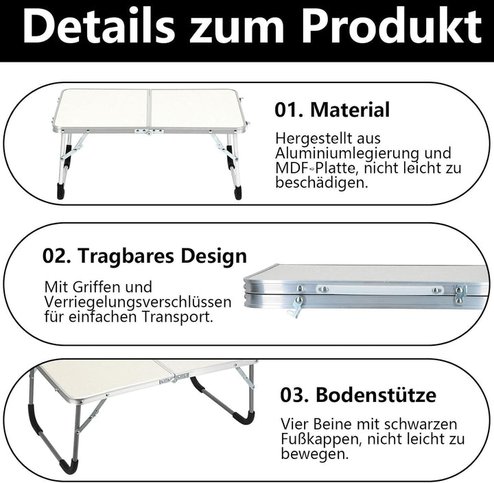 Kleiner Klapptisch, 61 x 40 x 26 cm Aluminium Laptoptisch Klappbar, Tragbar Betttablett Klappbar mit