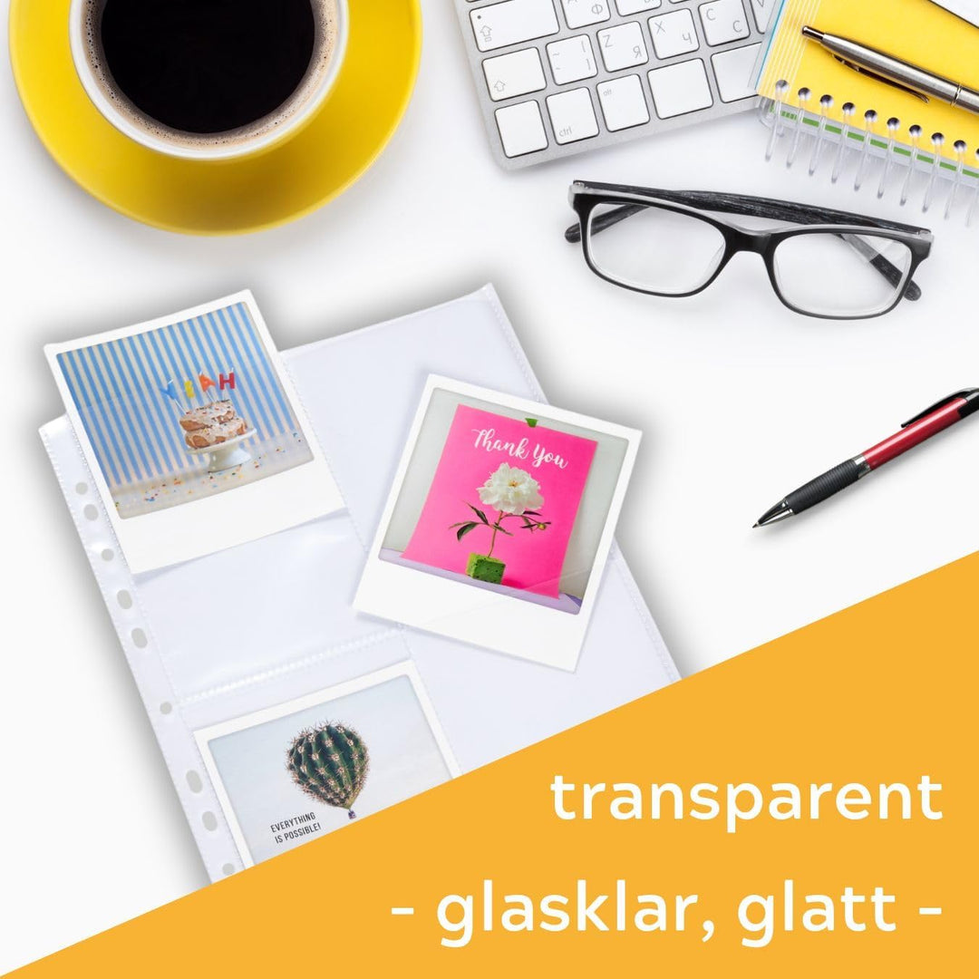 perfect line • 100 Sammelhüllen DIN-A4, 4-geteilt, Fotohüllen transparent, Prospekthüllen Glasklar,