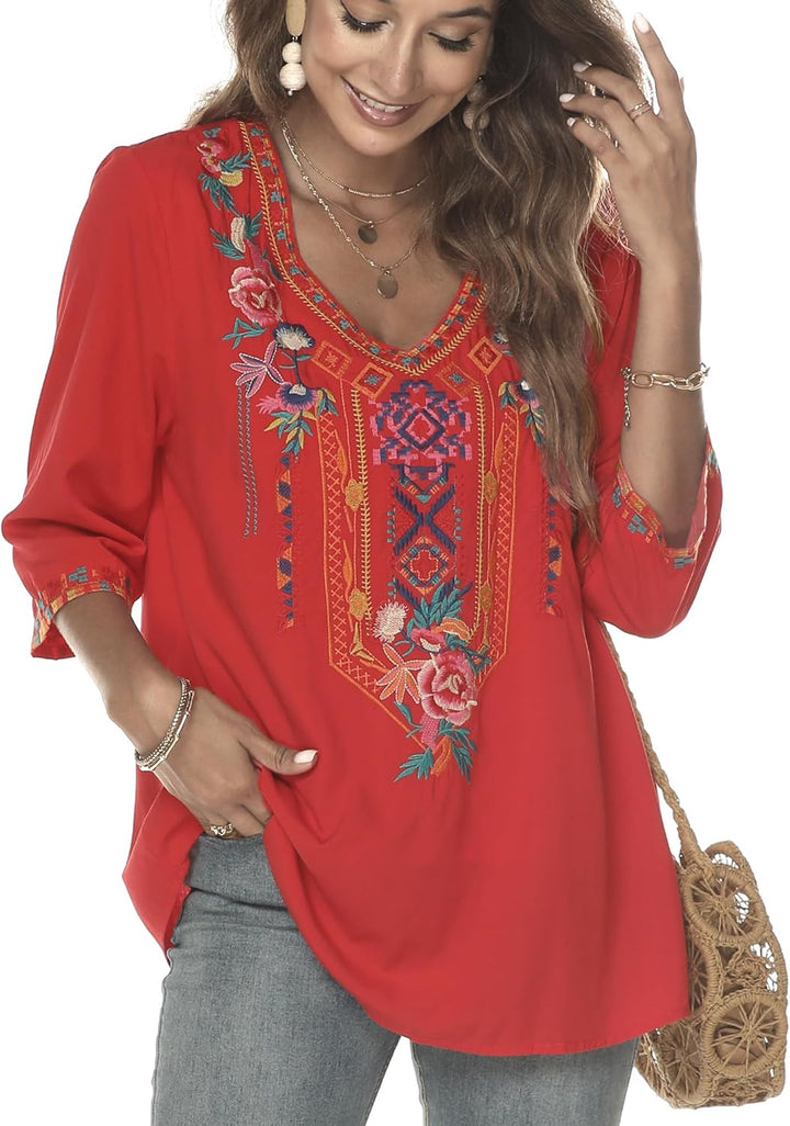 Hippie Kleidung Damen Bohemian Folklore Stickerei Bluse 3/4 äRmel V Ausschnitt Tunika Sommer LäSsige
