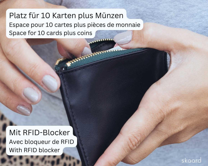 skaard Kleine Damen Geldbörse aus Leder, Schwarz/Grün mit RFID-Schutz Schwarz / Grün, Schwarz / Grün
