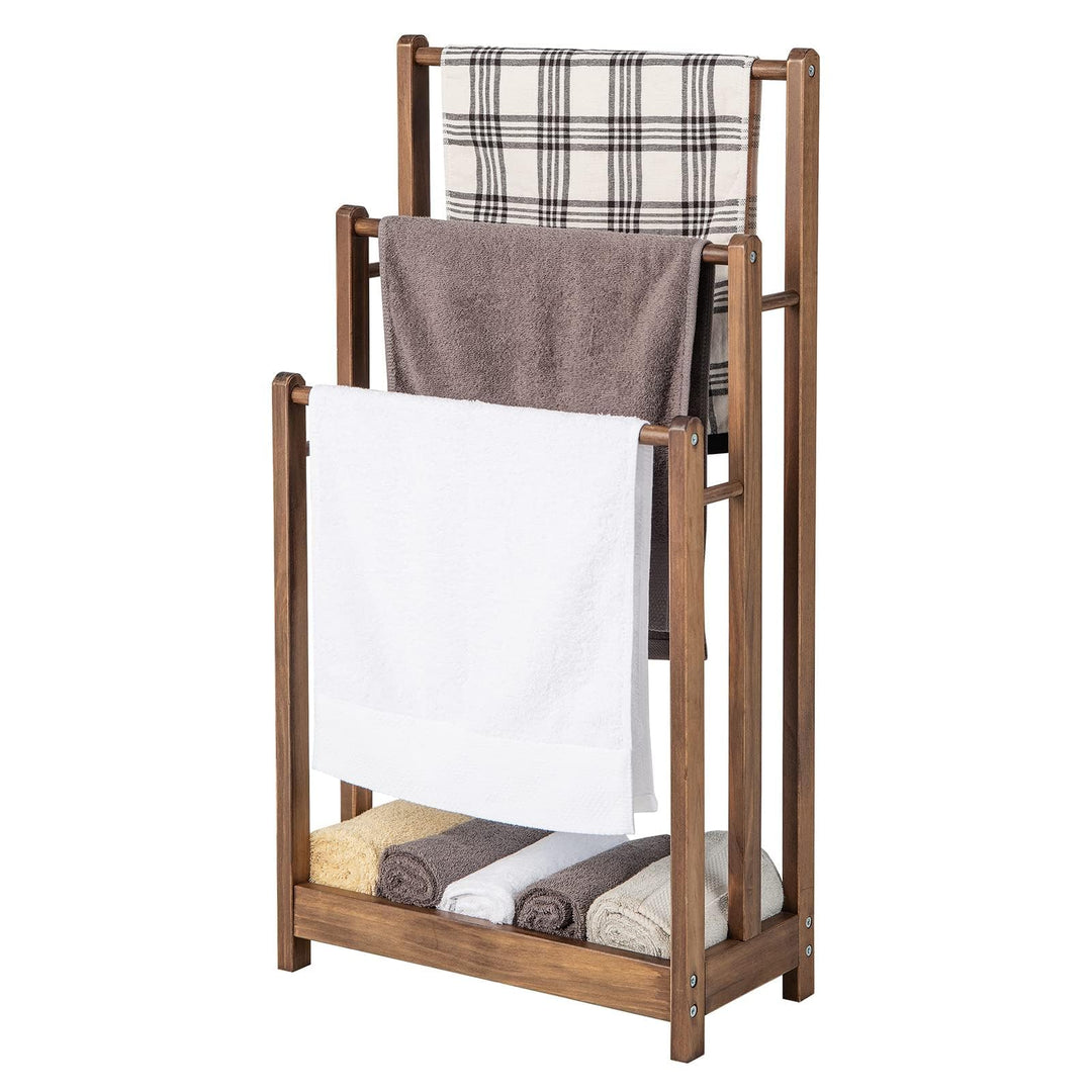COSTWAY Handtuchständer freistehend, Handtuchhalter Holz mit 3 Handtuchstangen & unterer Ablage & Ki