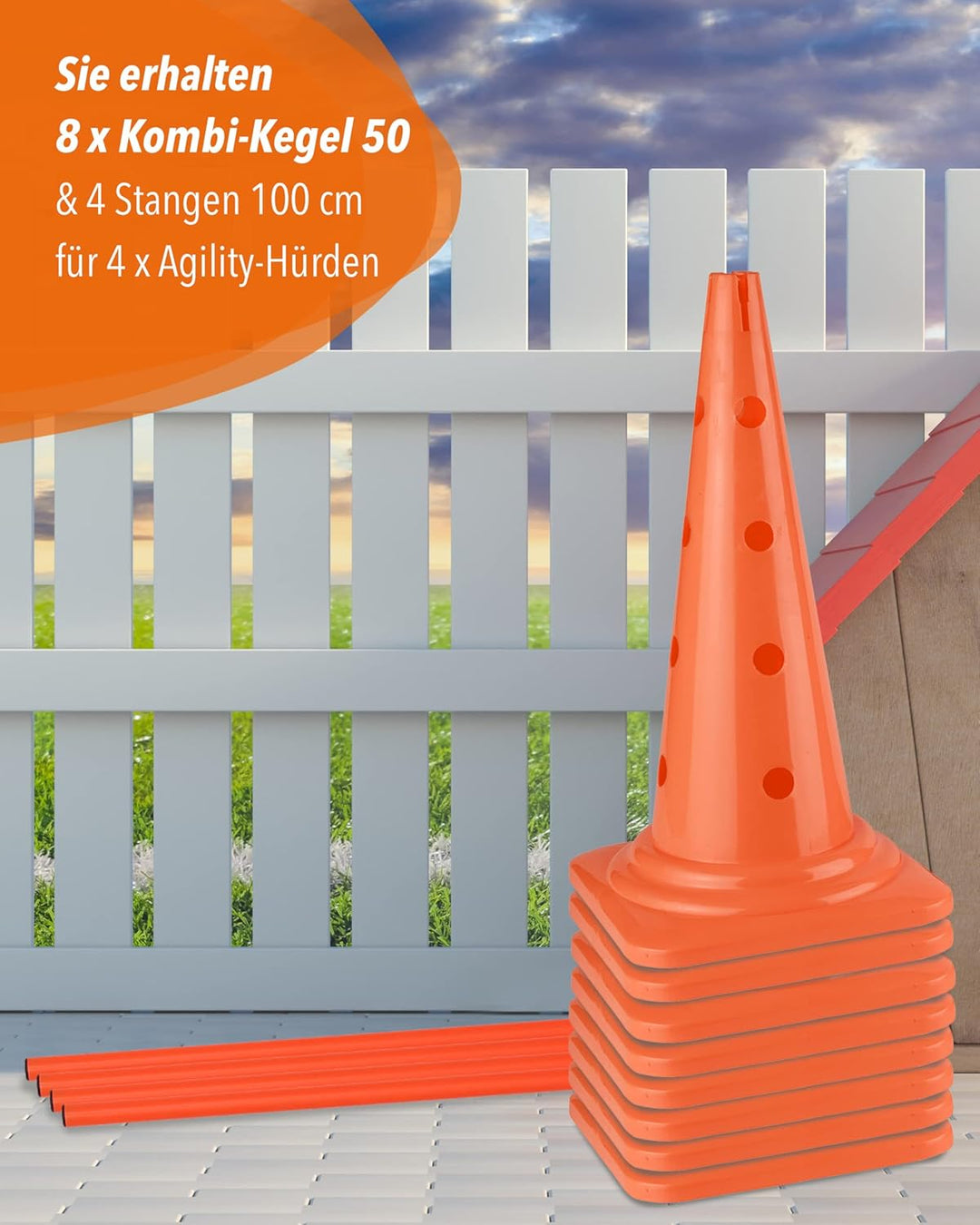 Kombi Kegel-Hürde 50 mit Stangen 100 cm – 4er Set – Parcours-Hindernis für Agility Training – Sprung