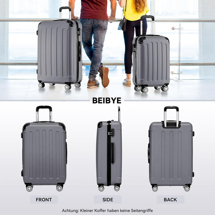 BEIBYE Hartschalen-Koffer Trolley Rollkoffer Reisekoffer Handgepäck 4 Rollen (M-L-XL-Set) (Dark Grey