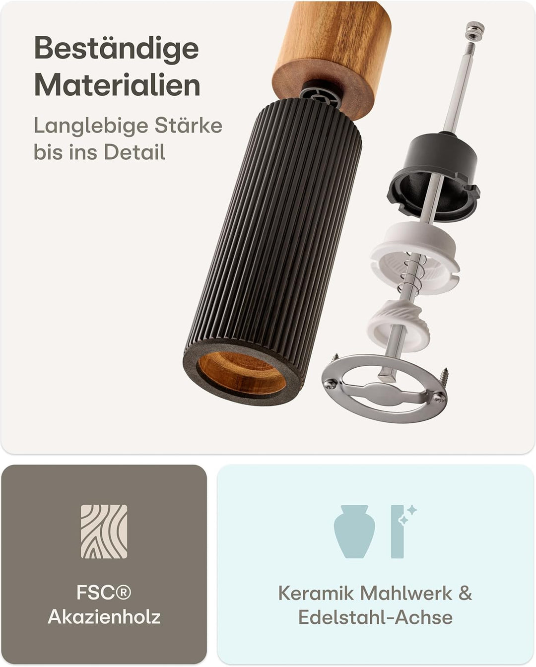 Praknu Salz & Pfeffermühle Set aus FSC® Akazienholz – Edles Design mit Keramikmahlwerk – Stufenlos E