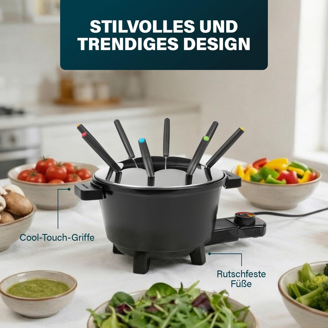 Princess Fondue Black, 1,5L Kapazität, Einstellbarer Thermostat, Keramikbeschichtung, 8 Edelstahlgab