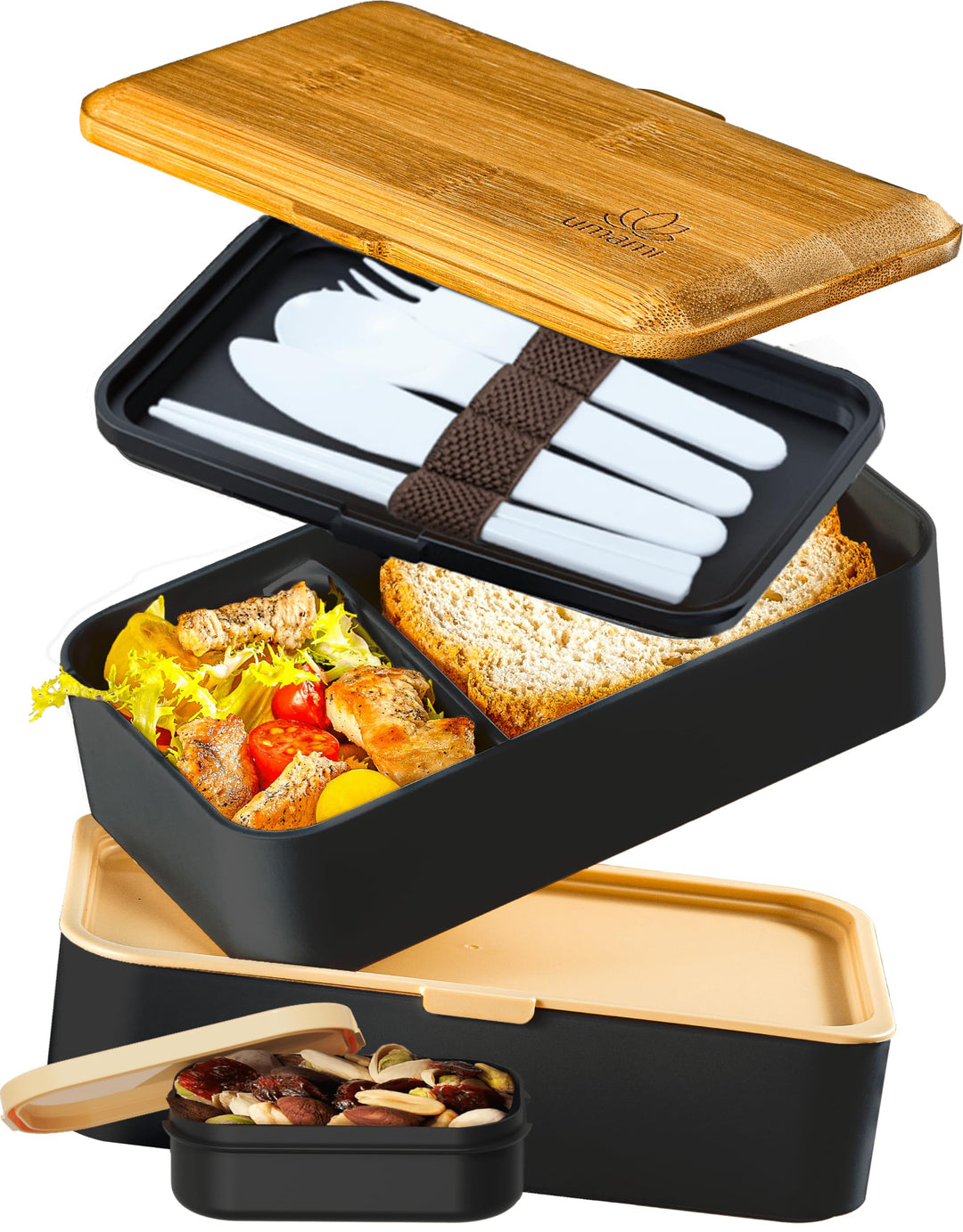 UMAMI Bento Box für Erwachsene/Kinder, neue Premium Edition, 1 Sossentöpfe & 4 Bestecke, Lunch Box f
