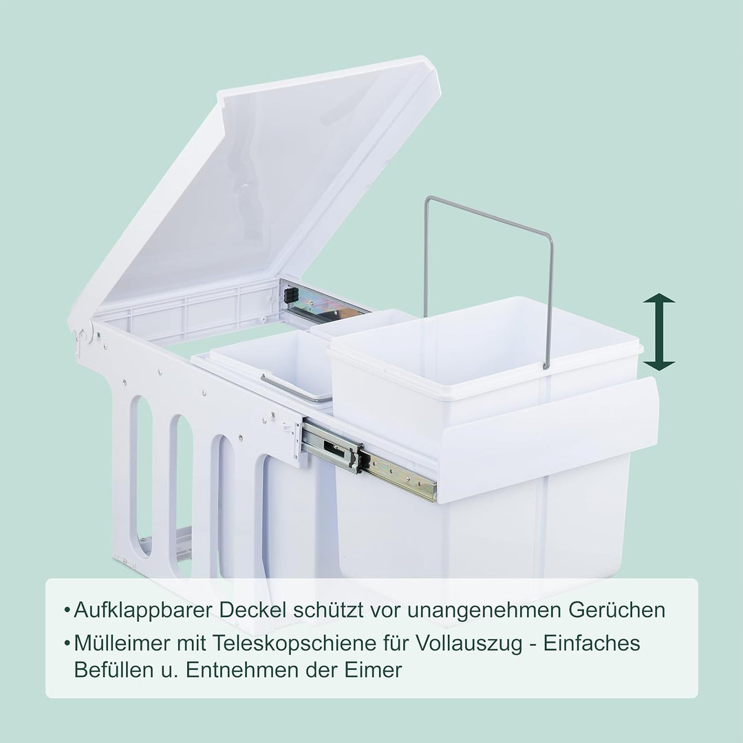 Relaxdays Einbaumülleimer, 4 Fächer, 4 x 8l, HBT: 35,1x34,3x48 cm, ausziehbar, Mülltrennsystem für U